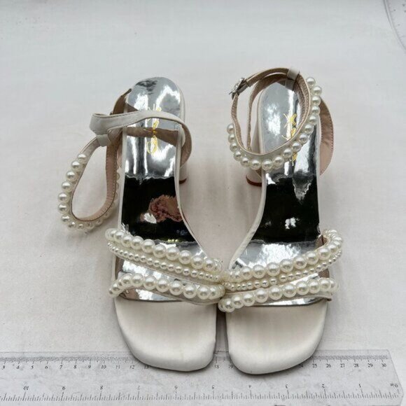 XYD Women's Pearl Strappy Bridal Open Toe Sandals Block High Heels Ankle Strap - Picture 3 of 7
